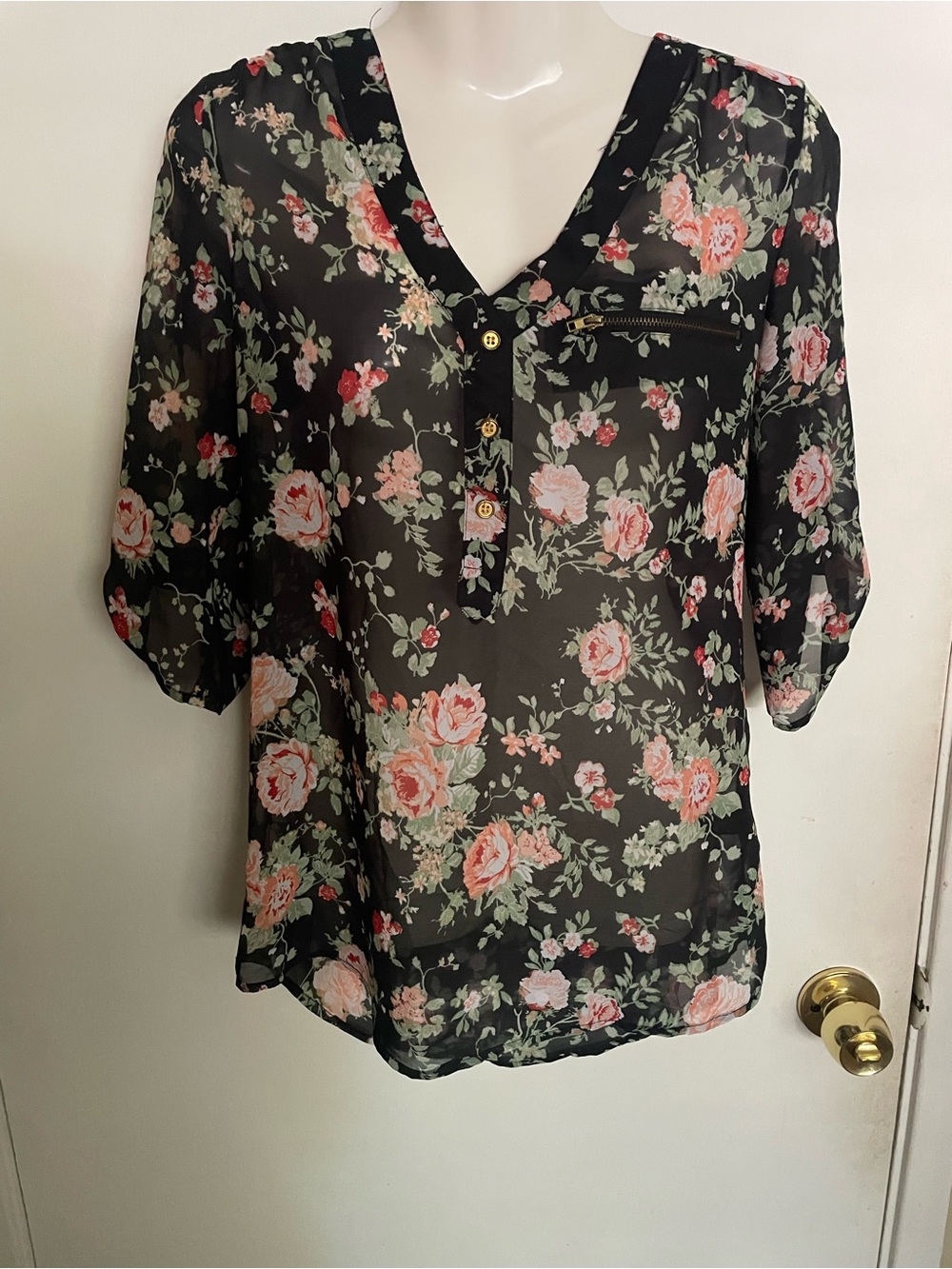 Justify Black Sheer Floral Blouse with Pink Roses and Green Leaves